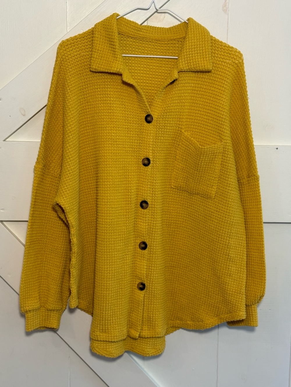 Mustard Yellow Waffle Knit Button Up Blouse Size M Textured Collared
